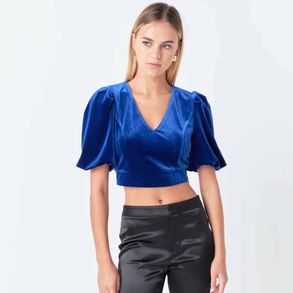 NWT Endless Rose Cropped Velvet Puff‎ Sleeve Top Size X-Small (XS)
